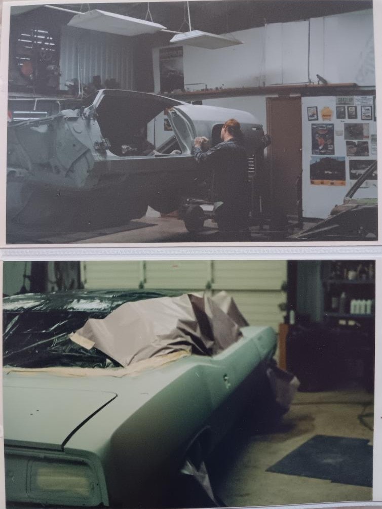 Dan Powell's 1971 Cuda on rotisserie in his Collinsville Oklahoma shop — body stripped and prepped for TX9 black paint, bare metal ready for primer