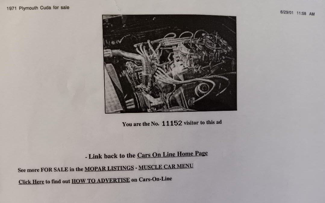 Cars On Line listing page two — the 426 Hemi engine photo from Dan Powell listing visitor count 11152