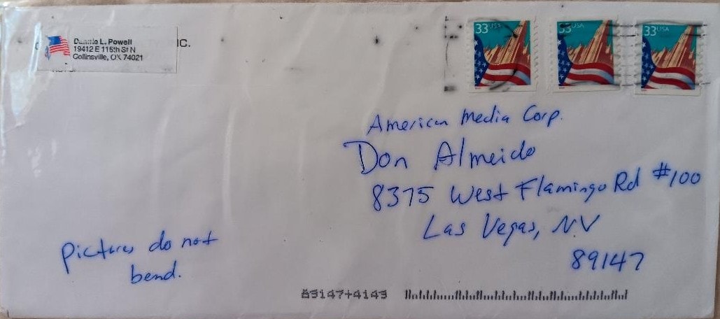 Dan Powell envelope addressed to Don Almeido at American Media Corp Las Vegas Nevada 2001 — handwritten note reading pictures do not bend