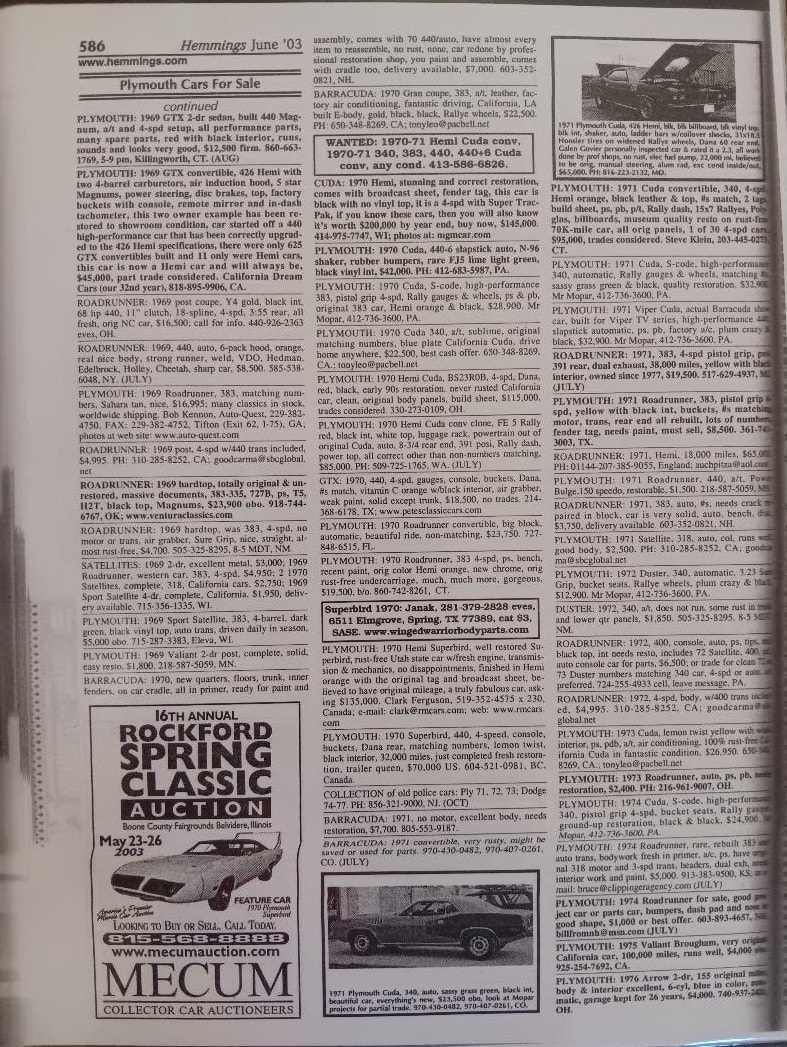 Hemmings Motor News June issue page 586 — classified ad for 1971 Plymouth Cuda double-black 440-6 with 426 Hemi, the Black Beast listed for sale again 24 months after Don Almeido lost it