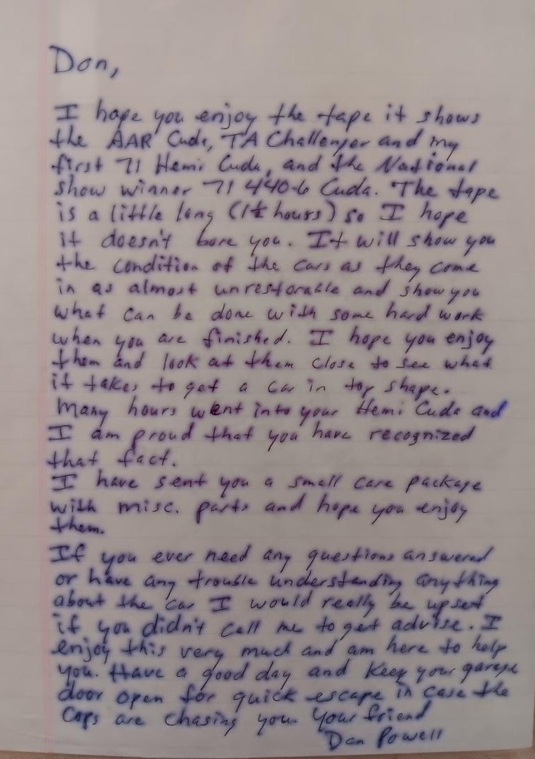 Dan Powell follow-up letter to Don Almeido — handwritten thank-you and apology for selling the Black Beast to the Missouri collector, acknowledging Don was the first call