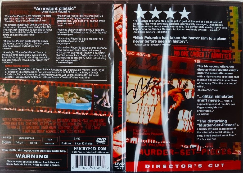Murder-Set-Pieces Director's Cut DVD cover — Fright Flix Productions, 2004, the horror film featuring the Black Beast on set in Las Vegas with Gunnar Hansen