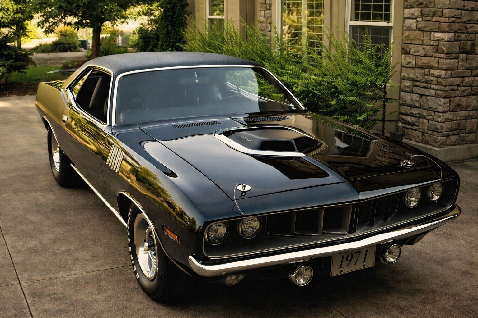 Don Almeido's 1971 Triple Black TX9 426 HemiCuda — front three-quarter view in driveway