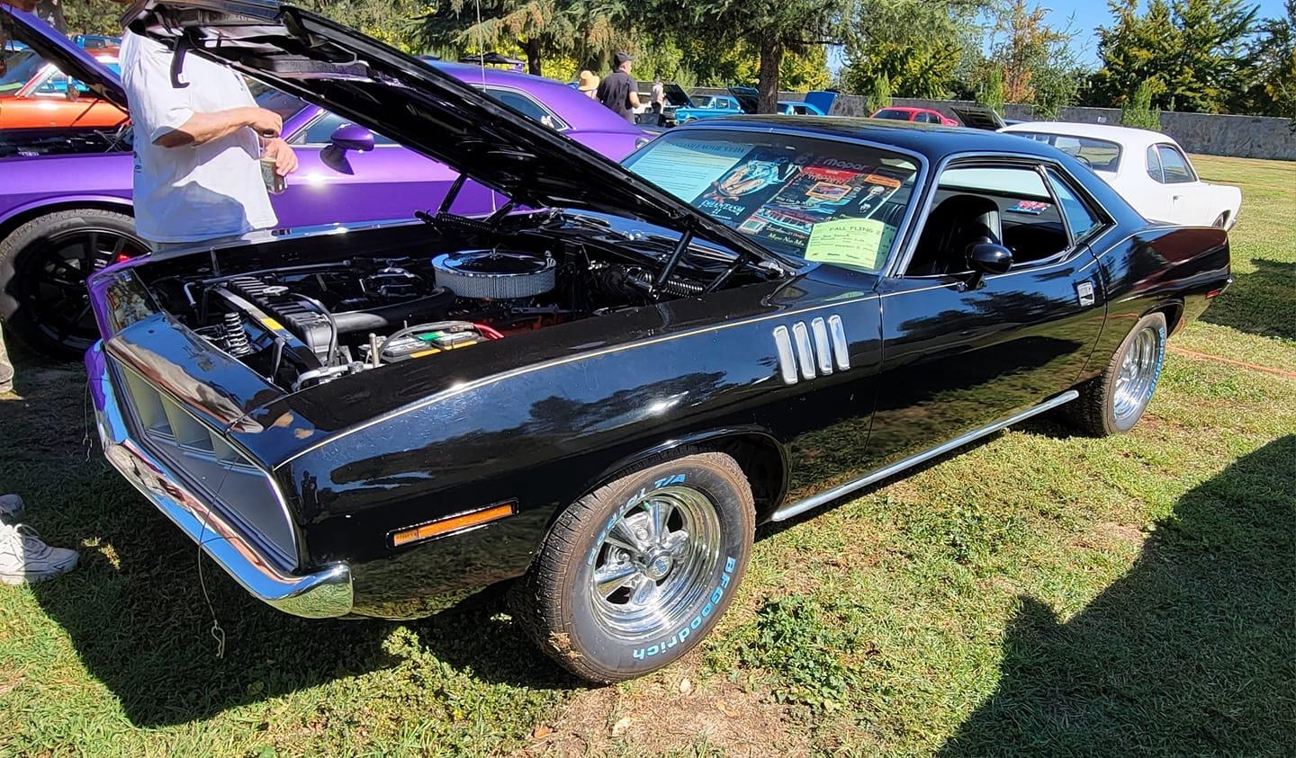 The Phantasm II movie car on display at Fall Fling — hood open