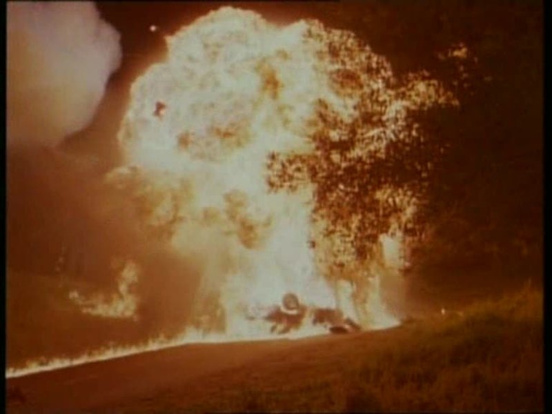 Phantasm II finale explosion — massive fireball, car wreckage at base of tree