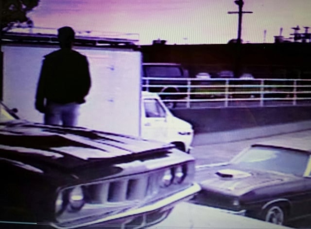 Two Phantasm Cudas on the backlot — figure on the hood, Phantasm II production