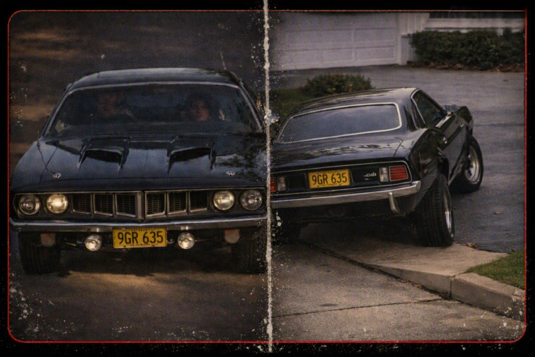Split-frame front and rear view of the missing 1971 Phantasm 'Cuda — plate 9GR 635