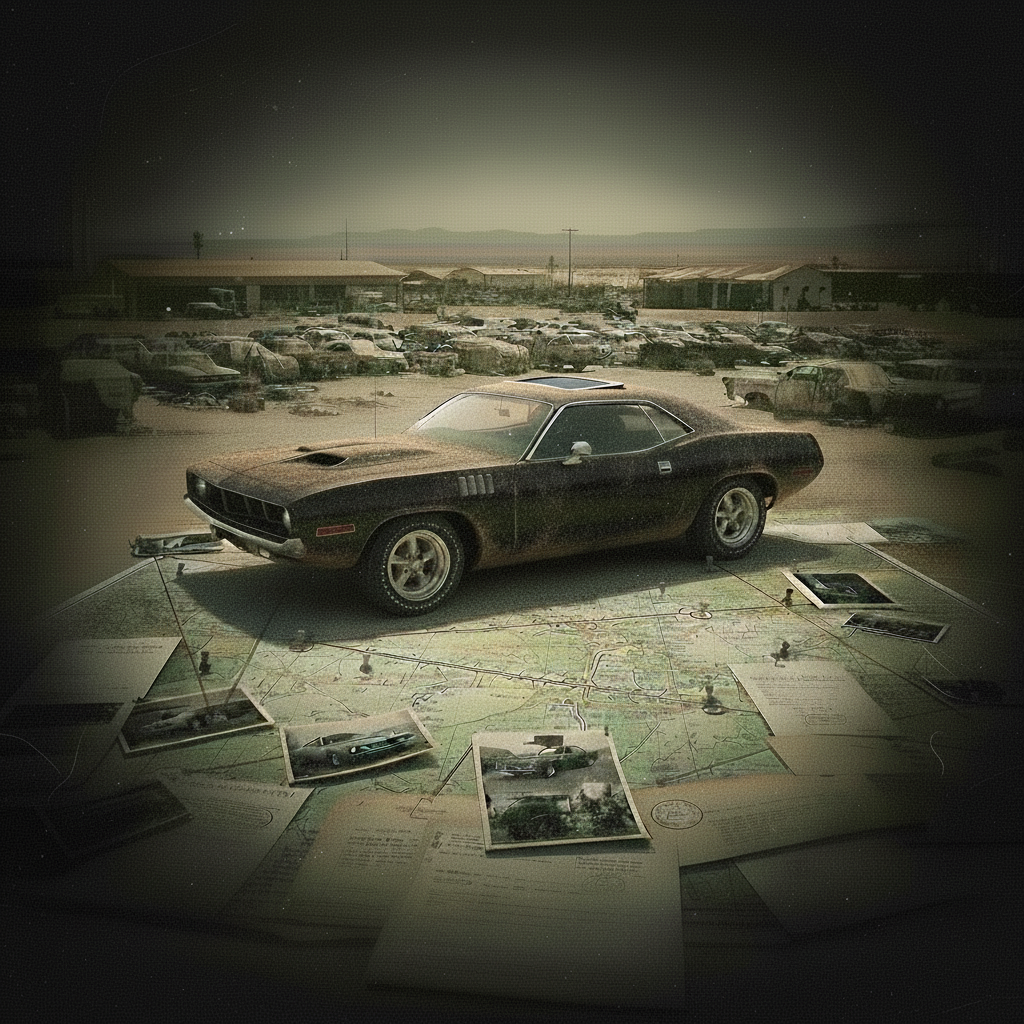 Ghostlike 1971 Plymouth Barracuda with fender flares and sunroof emerging from an aged investigation collage of maps, case files and evidence strings