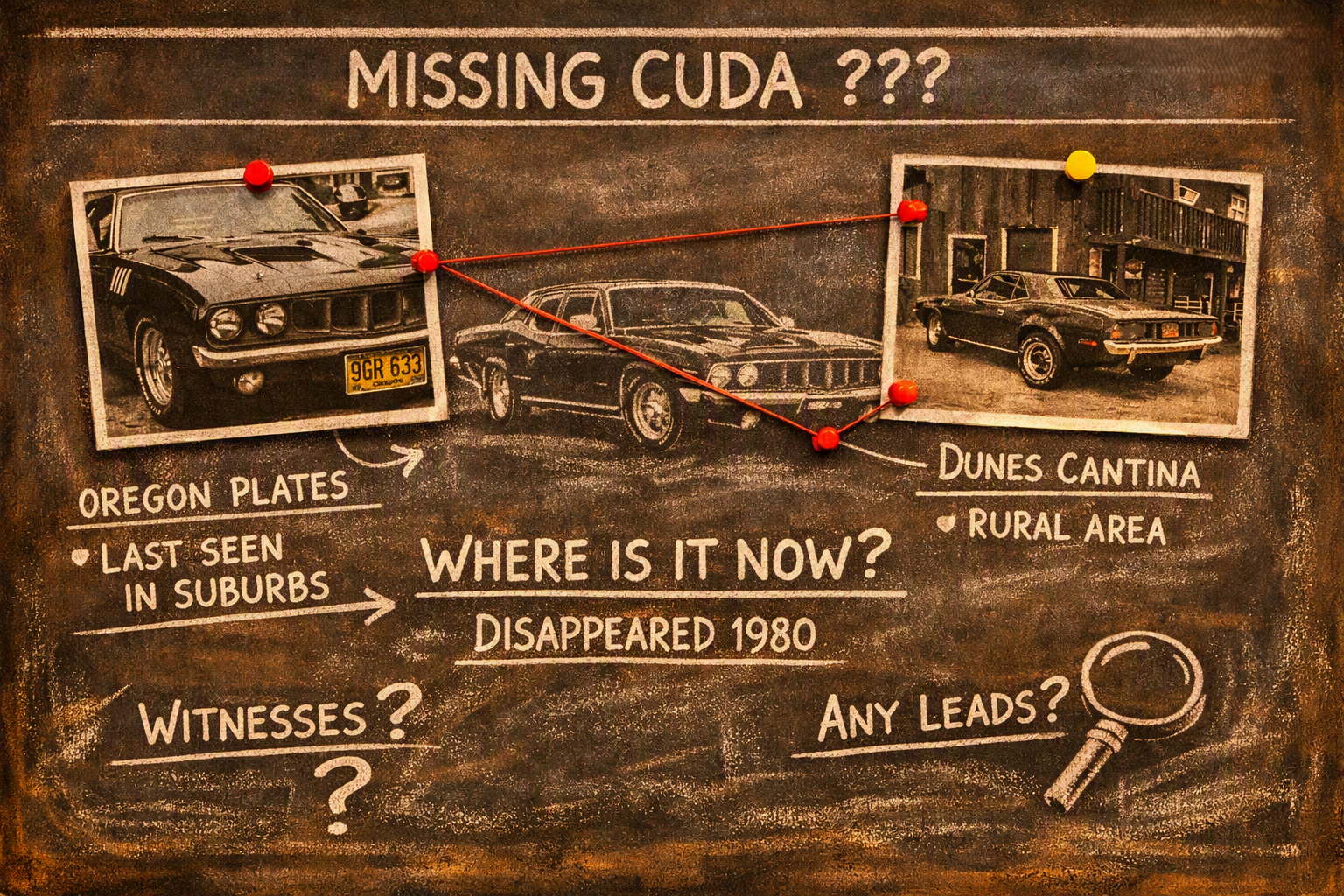 Missing Cuda chalkboard investigation — Oregon plates, last seen in suburbs, Dunes Cantina rural area, disappeared 1980, witnesses unknown, any leads?