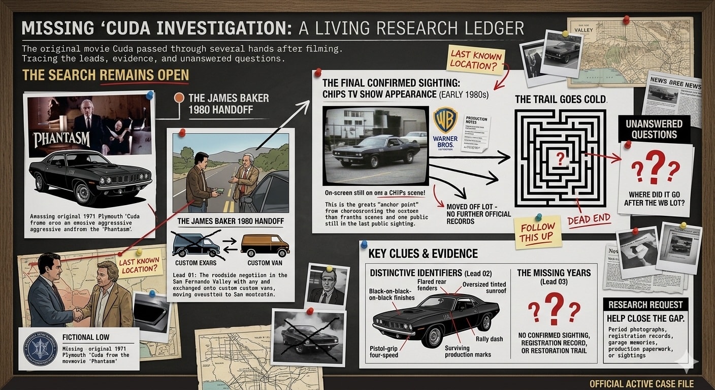 Missing Cuda Investigation: A Living Research Ledger — investigation board documenting the James Baker 1980 handoff, CHiPs TV appearance, key clues and evidence leads