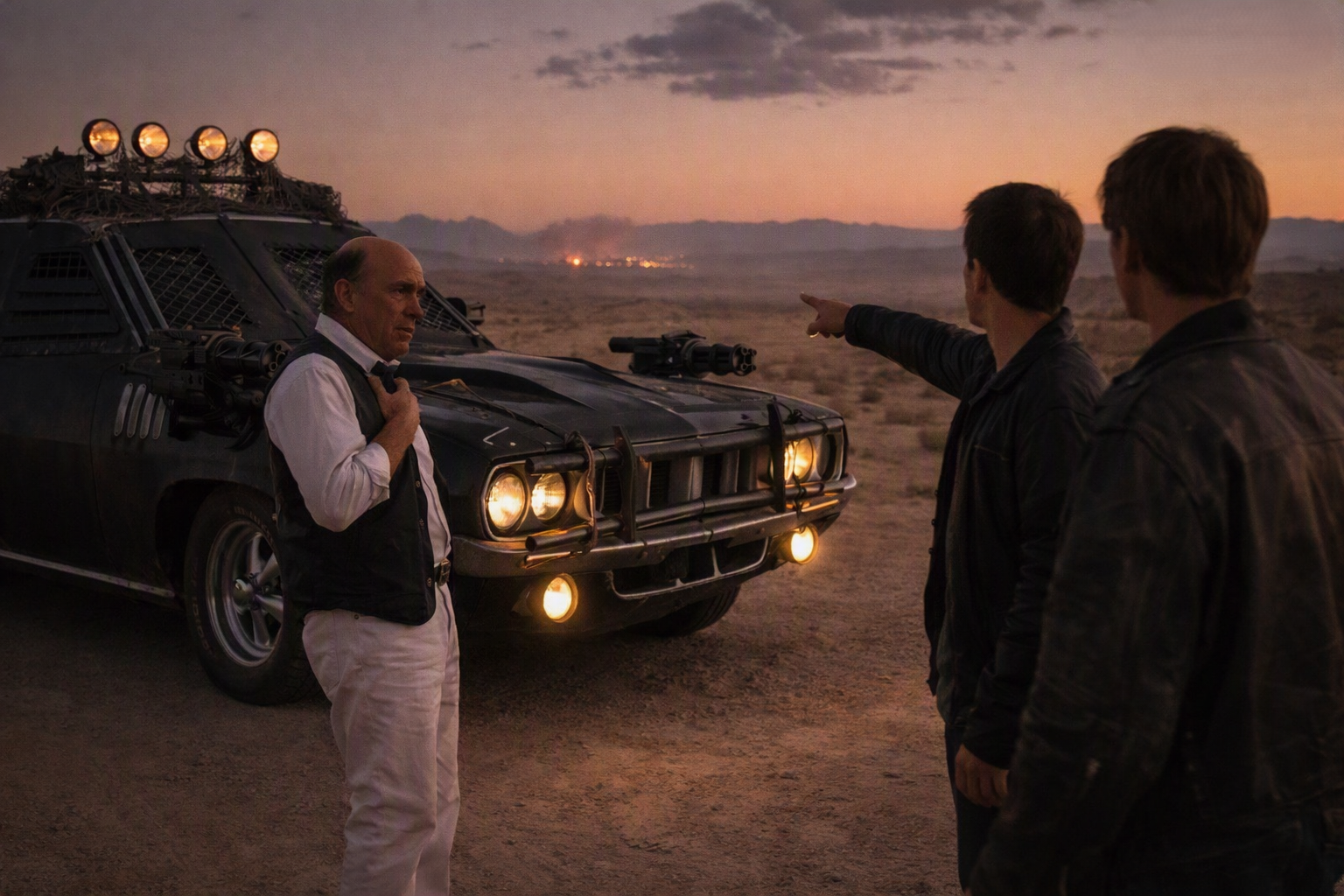 Reggie leaning against the Battlecuda at dusk, pointing north as Mike and Tim look on