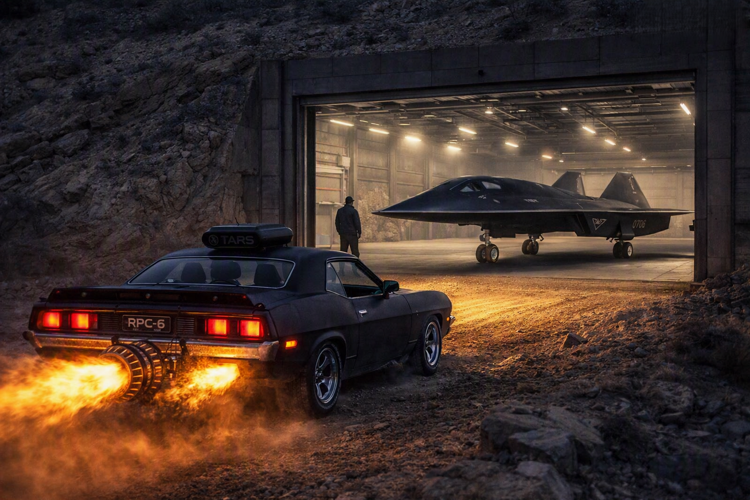 The RPC‑6 idles at the threshold of a hillside bunker as the SSF‑6 Sphere‑Star Fighter waits inside, jet thrusters glowing, the next war about to begin above the clouds