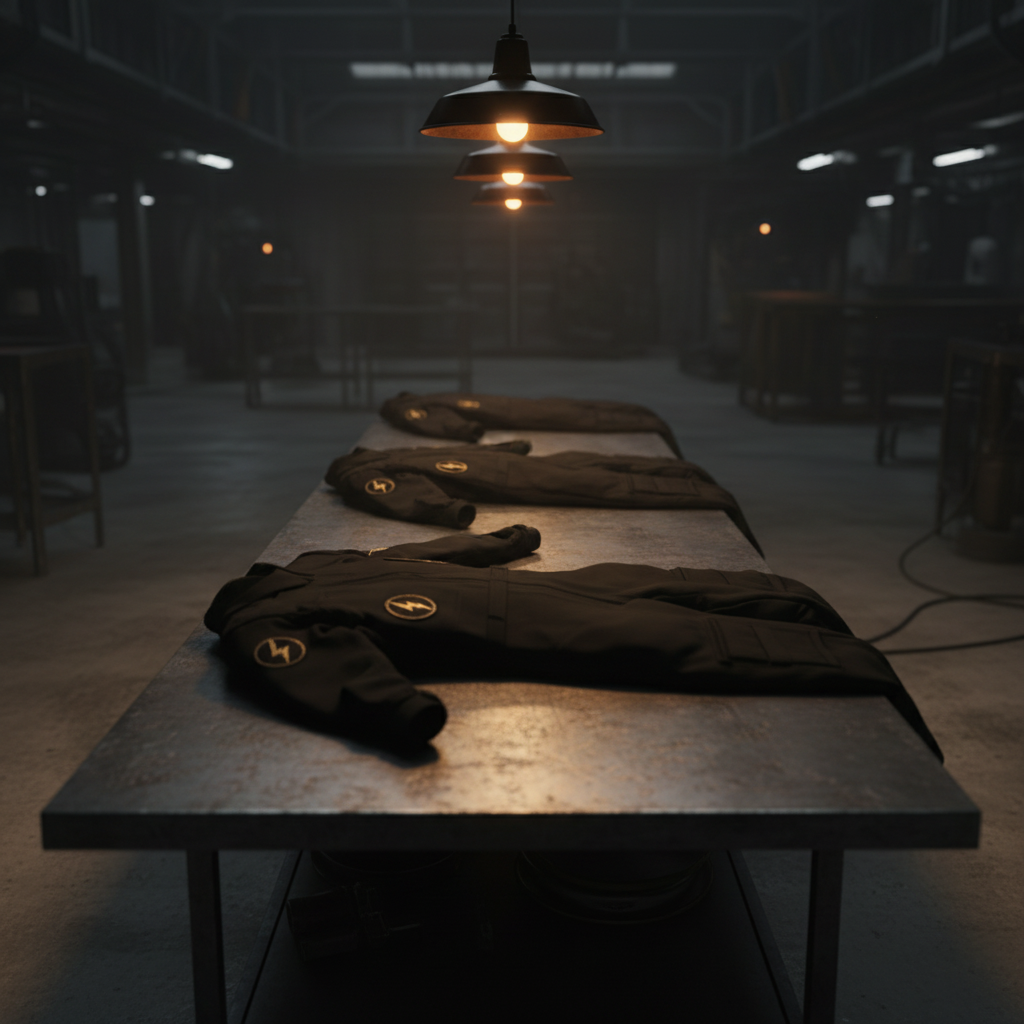 Three matte black flight suits unfolding from the TARS pod in amber bunker light — each bearing a gold sphere bisected by a lightning bolt on the left shoulder