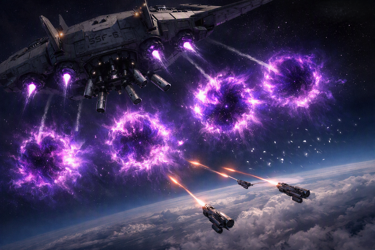 SSF-6 fighter closing portholes — purple energy blasts tearing through the stratosphere above Earth's cloud layer