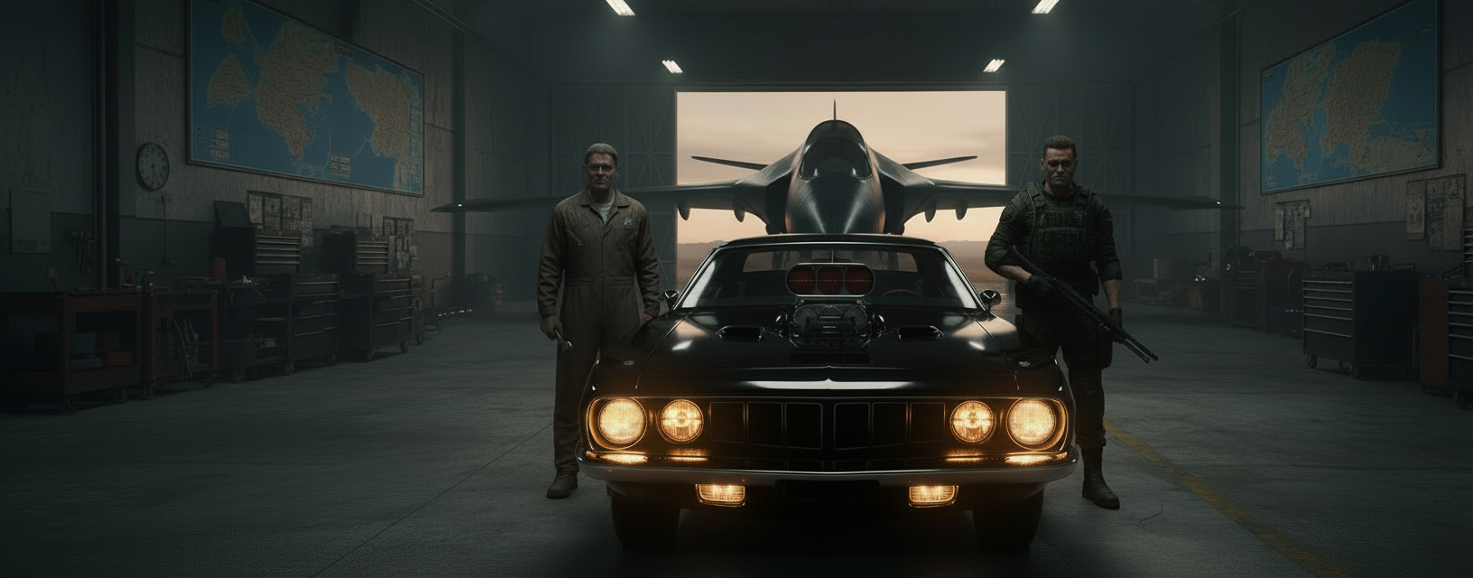 The trio — Tim, Jody, and Mike — stand beside the RPC‑6 Cuda in the underground bunker hangar, the SSF‑6 looming in the shadows behind them, hangar doors cracked open to a Nevada desert dawn