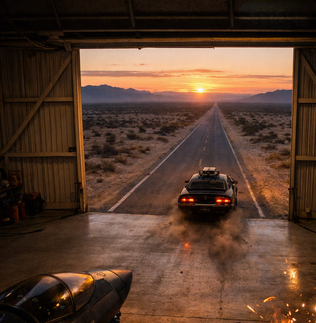 RPC-6 blasting out of the hangar at desert sunset, the long Nevada road stretching south toward California as the doors swing open automatically