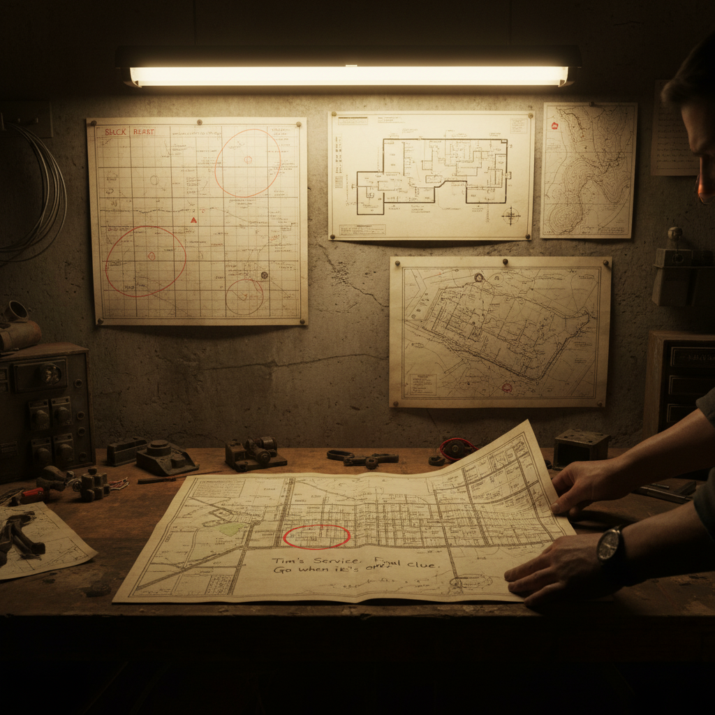 Bunker workbench with mission maps pinned to the wall — Black Rock grid, crater coordinates, bunker schematics in Reggie's hand — and Reggie's folded SFV street map unfolded on the bench, a single address circled in red ink: Tim's Service