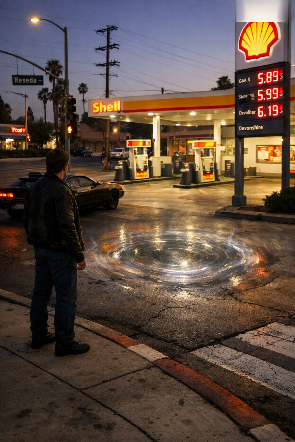 Porthole view at Tim's Service Shell station — the membrane between dimensions running thin, light bending through the circular frame