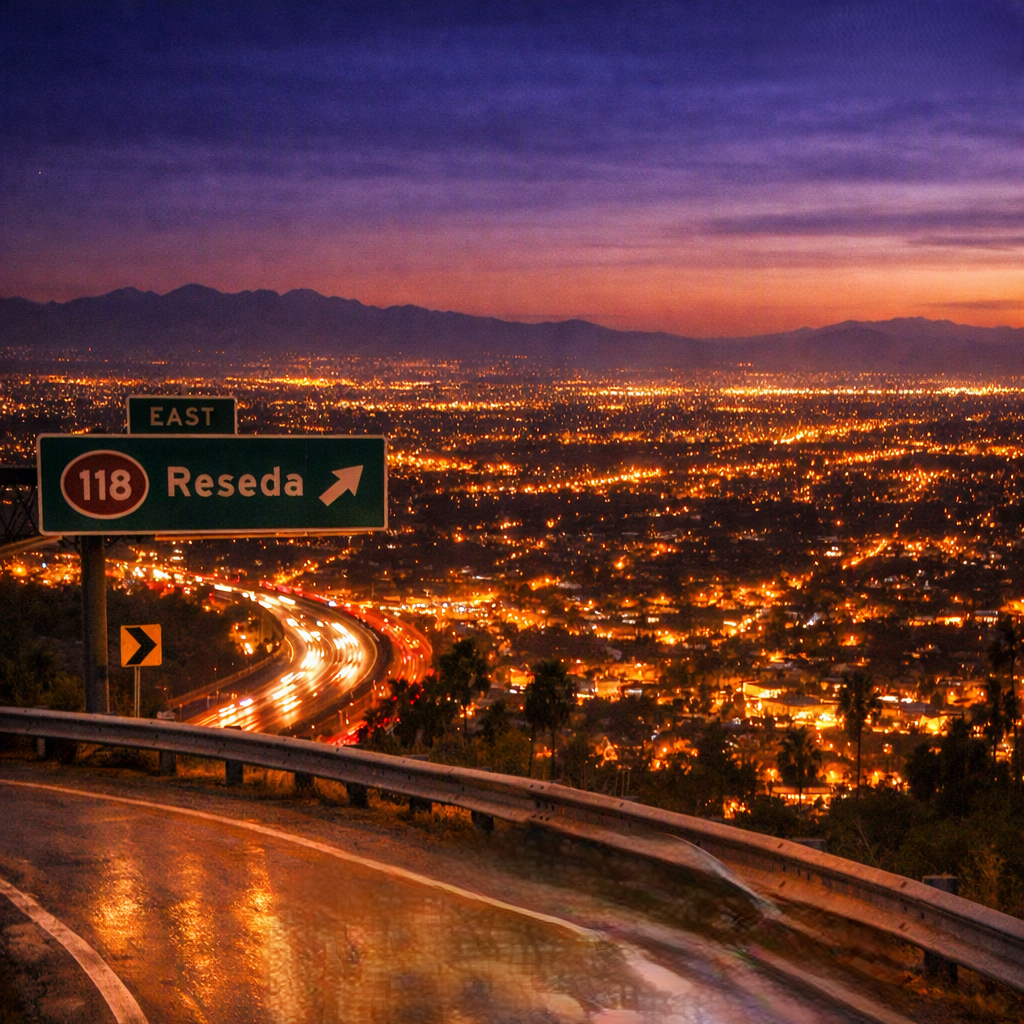 118 East Reseda offramp at night — the San Fernando Valley glowing amber below, mountains silhouetted against a violet and orange sky, headlights streaming down the wet curve