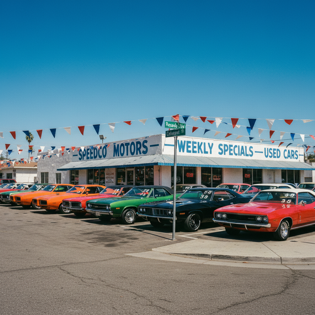 Speedco Motors used hot rod lot on Reseda Blvd and Cohasset in the San Fernando Valley — period-correct 1980s California daytime, pennant flags, white stucco wall, classic muscle cars on the asphalt
