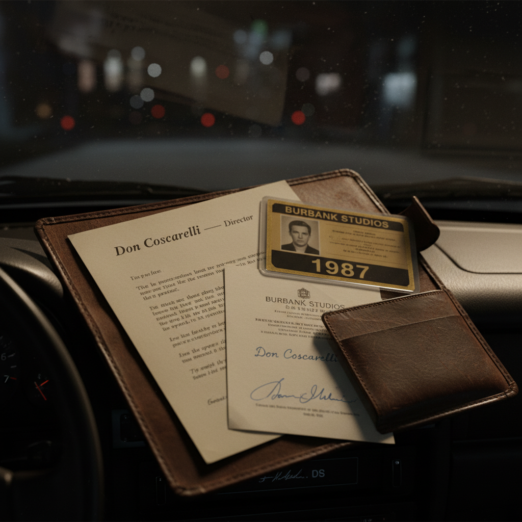 Worn leather document wallet open on a car dashboard — laminated 1987 Burbank Studios pass, Don Coscarelli personal letterhead signed in blue ink, and countersigned studio stationery