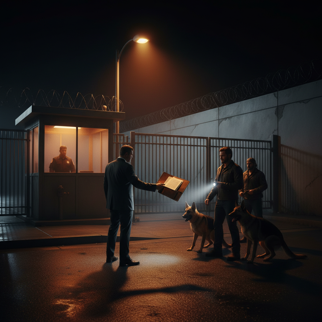 Cinematic night scene at the Burbank Studios gate — lit guard booth, two German Shepherds crouching low on asphalt, handler sweeping a flashlight, three figures approaching with a document wallet open in the light