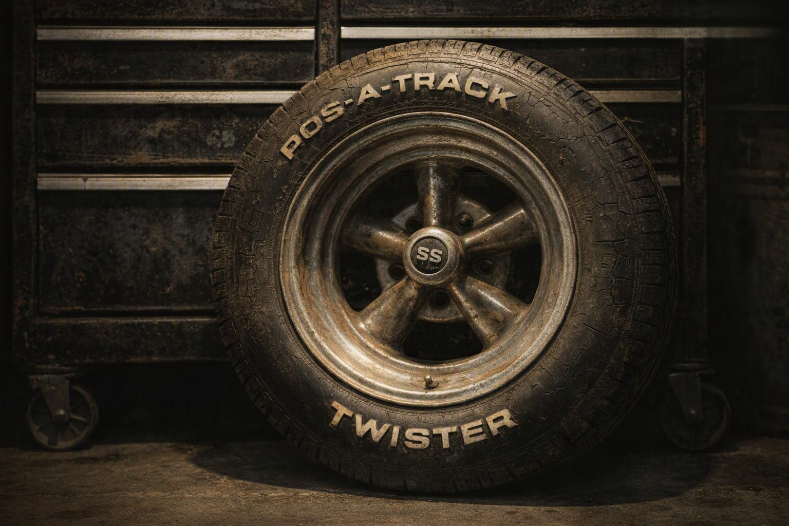 Flashlight-lit close-up of a vintage Cragar SS ten-inch deep-dish wheel leaning against a dark toolbox in Building 7 — oxidized chrome, five-spoke pattern, SS center cap, old wide tire with POS-A-TRACTION on the upper sidewall and TWISTER on the lower sidewall facing the rim lip