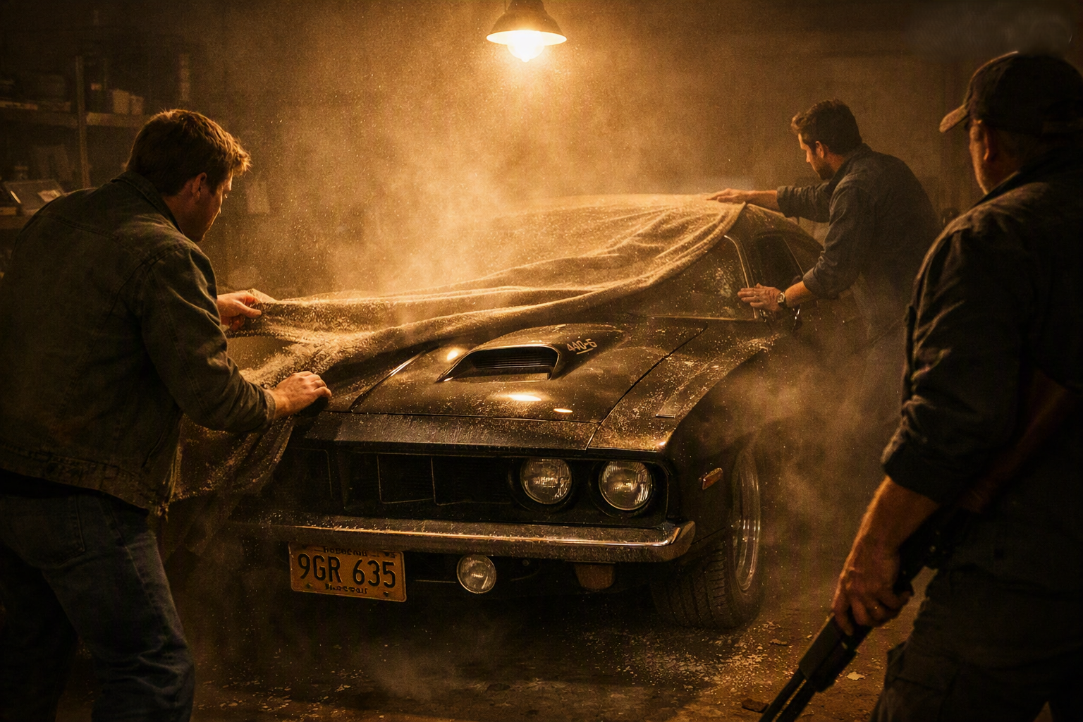 The Baker Cuda half-uncovered in Building 7 — 40 years of dust on jet black paint, canvas pulled back over the hood, Jody and Mike pressing hands against the rear fender flares and sunroof edge in stunned silence