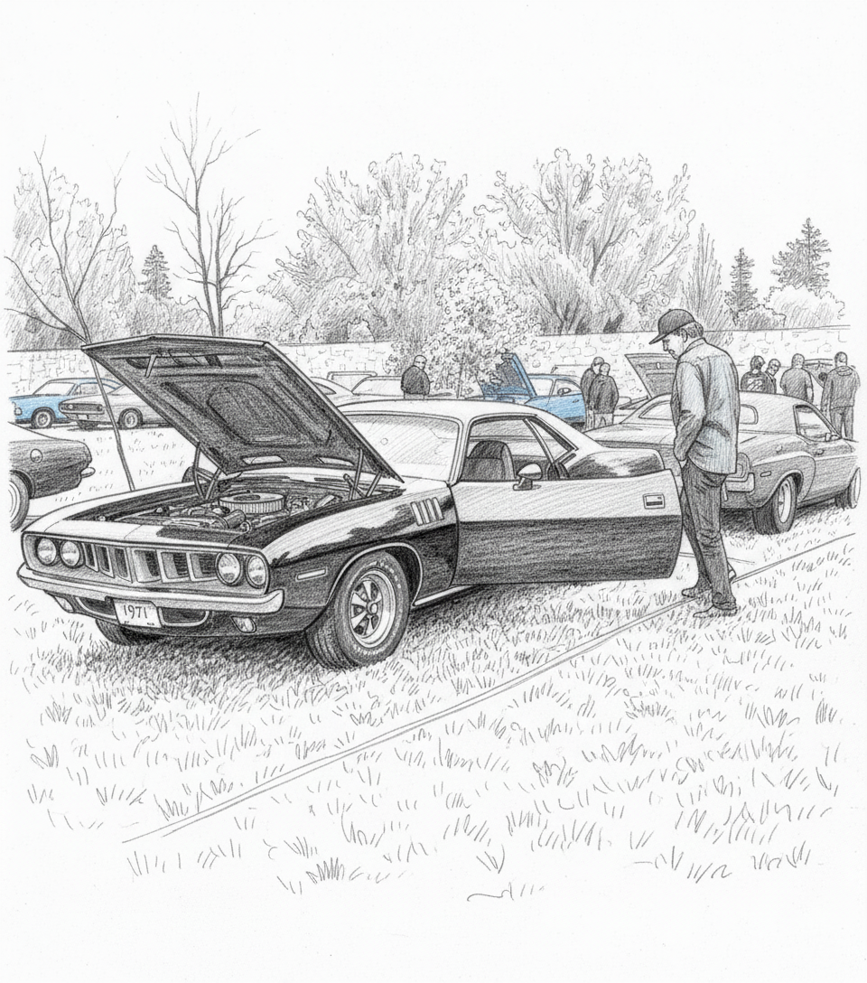 Pencil sketch of Don Coscarelli beside the original 1971 Plymouth Cuda