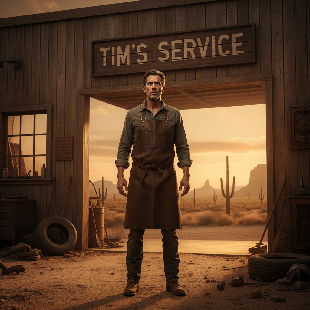 Tim — older, lean, desert-tough — steps out of the service center at dusk, eyes wide with recognition