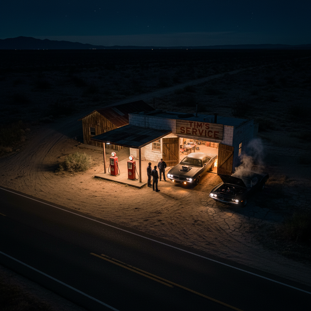 High drone shot above Tim's rural Nevada service station at night — wooden garage open, amber light spilling out, three figures at the entrance watching the RPC-6 fire up, the Battlecuda outside with hood open and steam rising, desert darkness stretching to the horizon