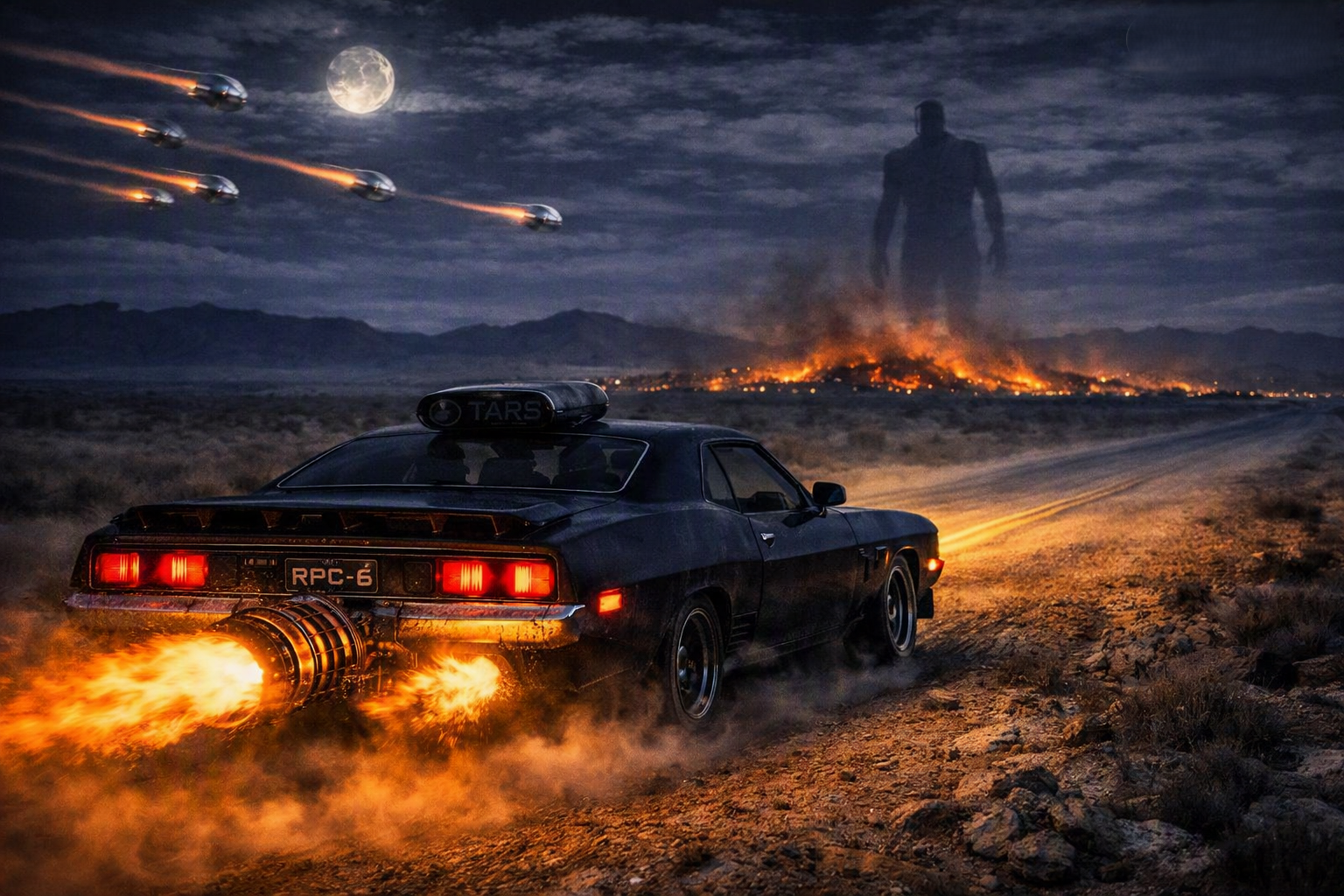 RPC-6 tears north across the Black Rock Desert, jet flame blazing, spheres descending, the Tall Man looming against a full moon