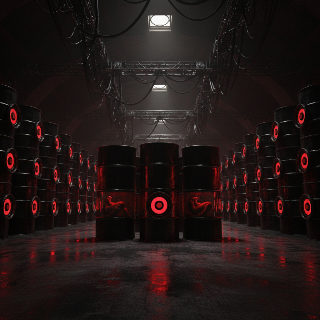 Vast underground cavern — rows of black 55-gallon drums stacked like industrial tombs, each fitted with a glowing red core, human silhouettes suspended inside
