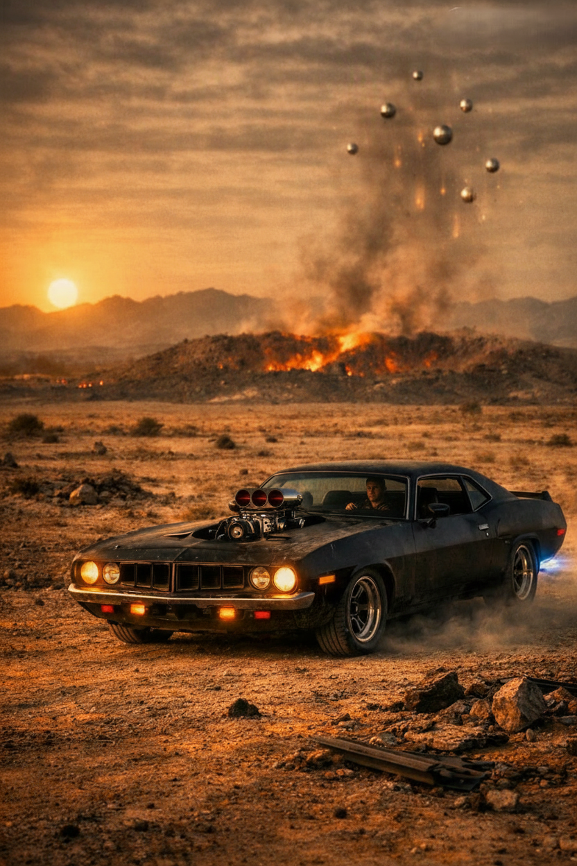 The RPC‑6 charges head-on through the wasteland, blower exposed, three figures inside, as silver spheres rain from the sky behind a massive fireball