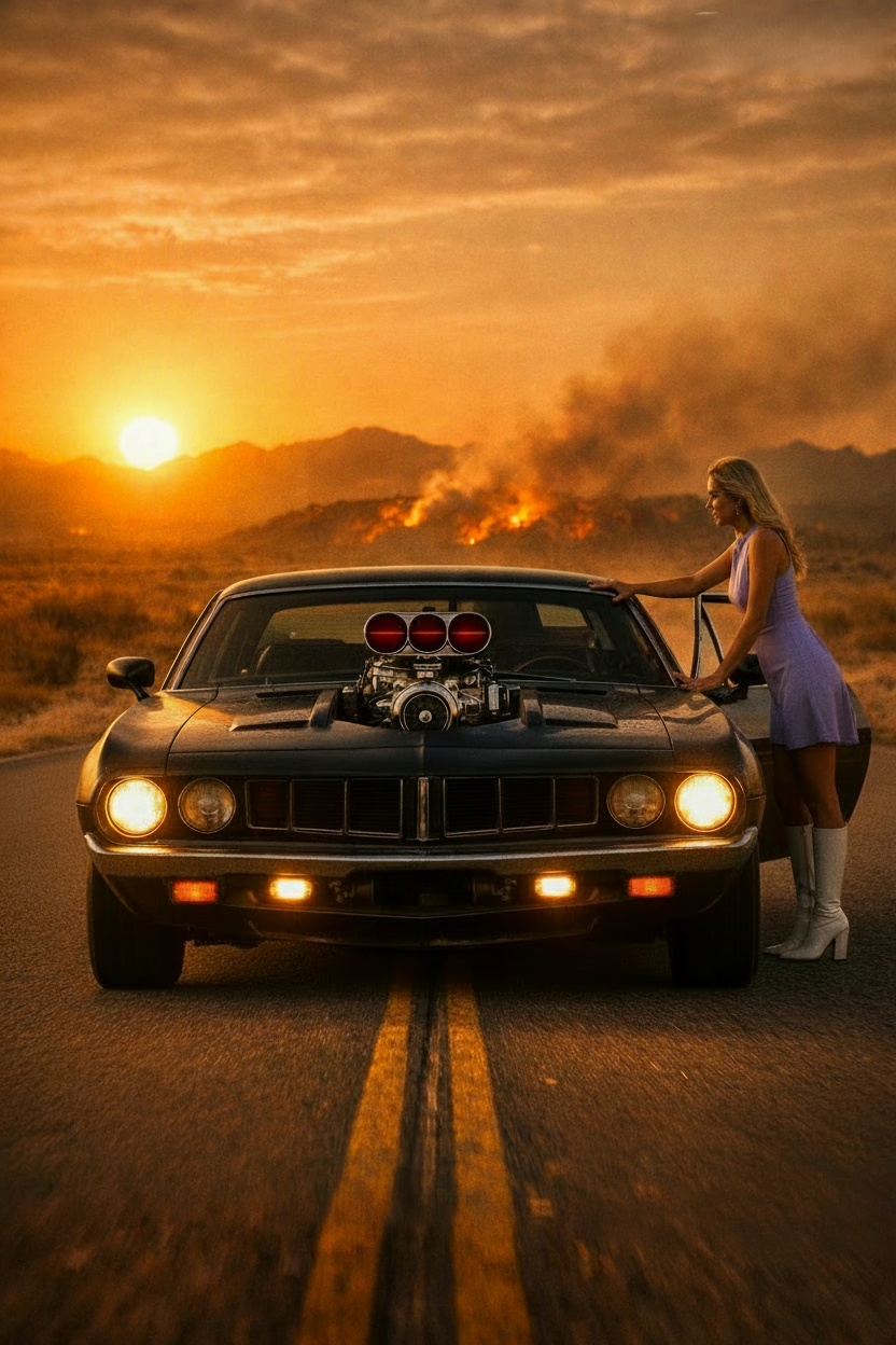 Blonde woman in lavender dress and white boots, both hands on the roof of the Cuda, leaning in to speak to Jody through the passenger window — desert highway at dawn