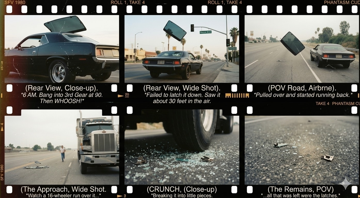 Film strip storyboard — Baker's sunroof WHOOSH incident, SFV 1980: the sunroof launches 30 feet in the air and is destroyed by a 16-wheeler