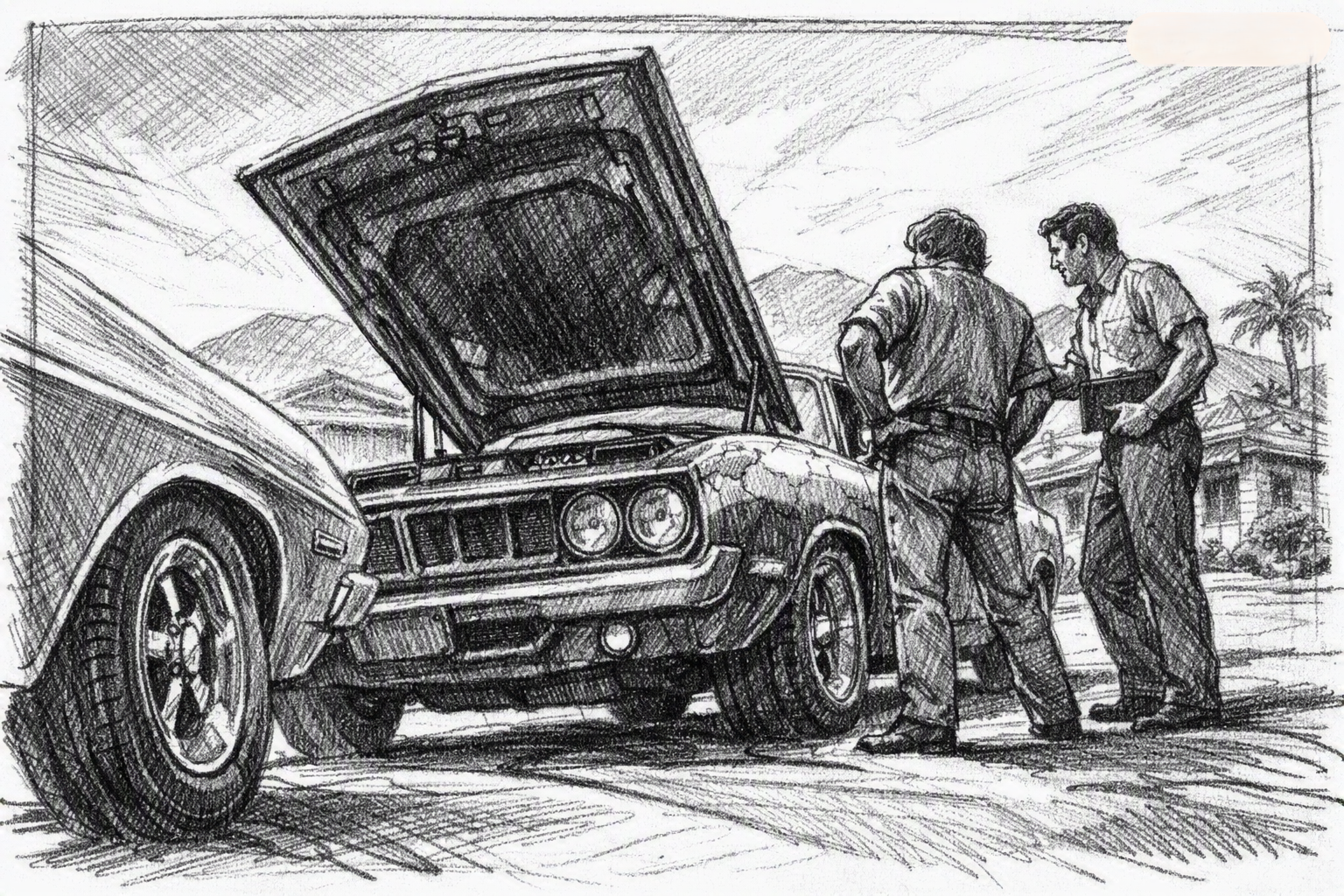 Pencil sketch of two men inspecting the open hood of the Phantasm Cuda in a Porter Ranch driveway, early 1980s