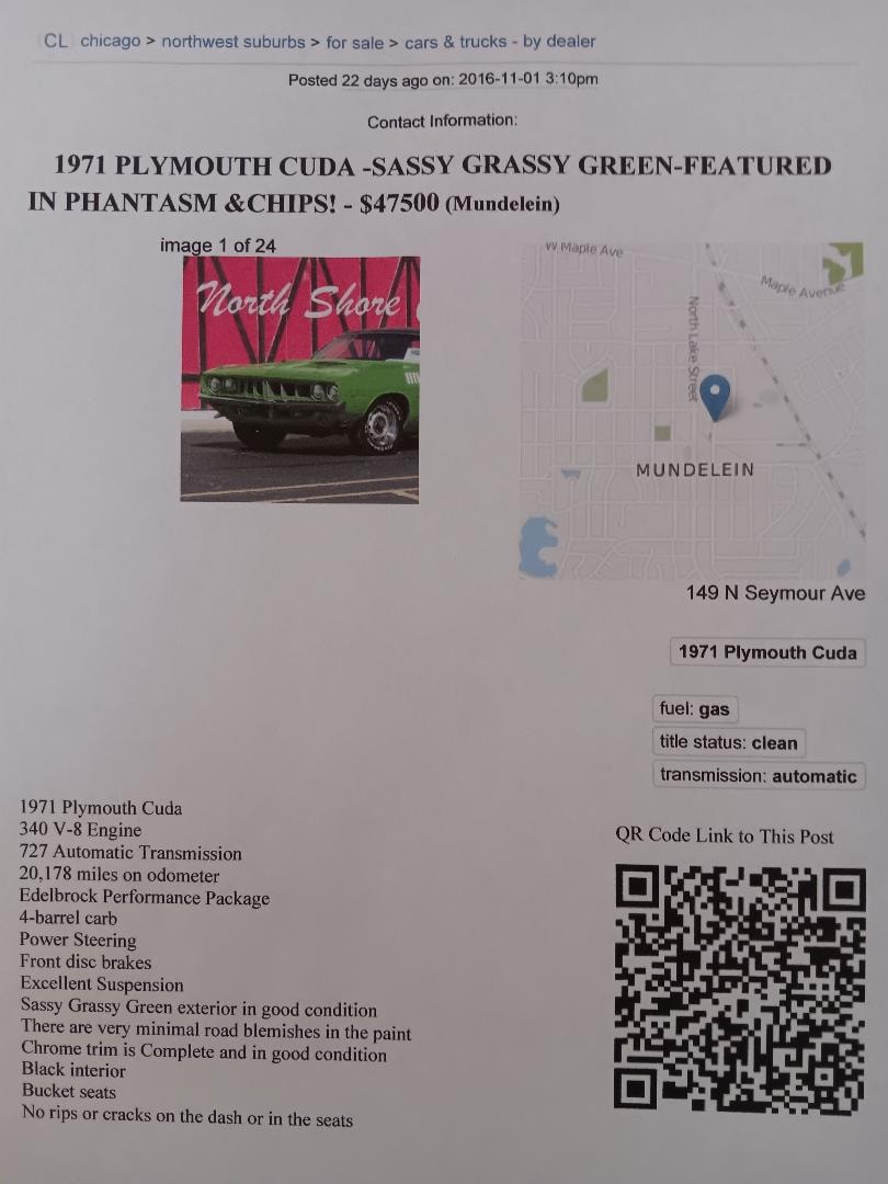 Craigslist listing for a 1971 Plymouth Cuda Sassy Grassy Green falsely claiming to be the Phantasm movie car — Mundelein, IL, November 2016
