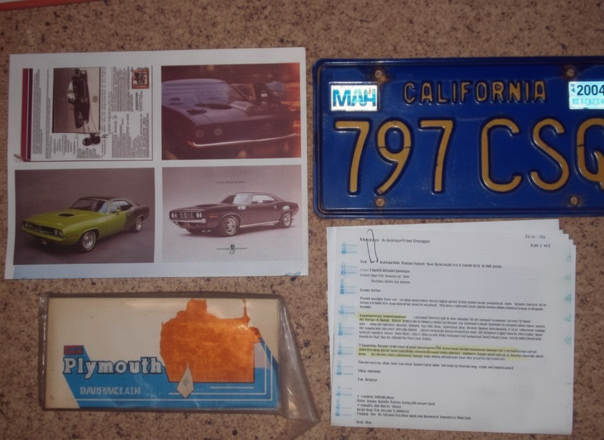 Don Almeido's original Phantasm Cuda documentation — California license plate 797 CSQ, Plymouth brochure, and research correspondence used without permission