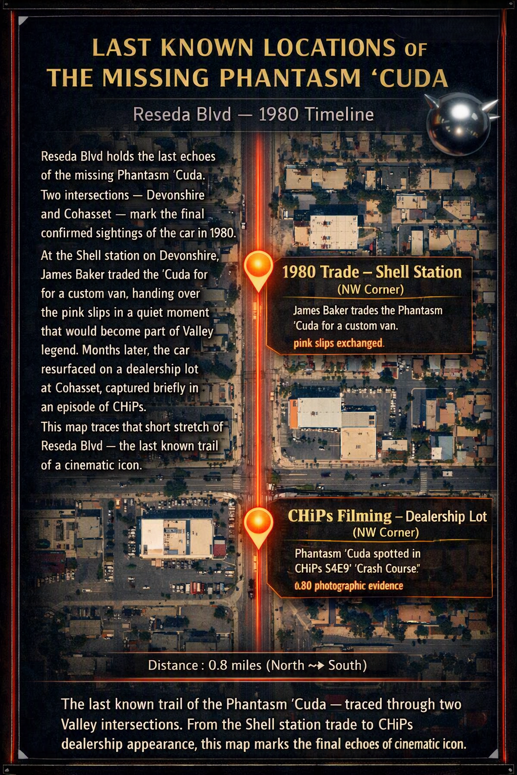 Last Known Locations of the Missing Phantasm 'Cuda — Reseda Blvd 1980 timeline map marking the Shell station trade and CHiPs dealership sighting