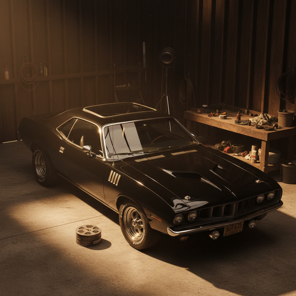 The black 1971 'Cuda parked in a dim back-lot garage, lit by a warm tungsten work light