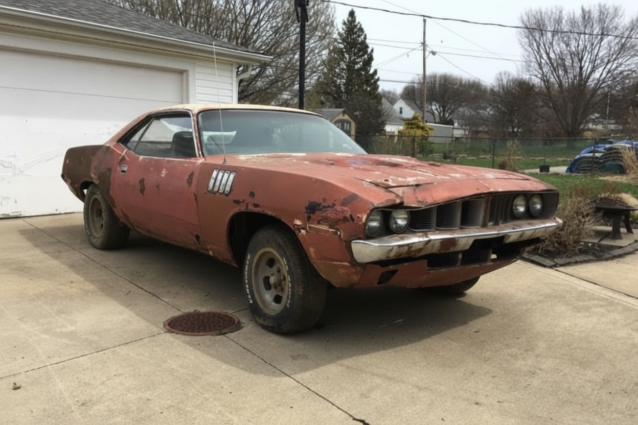A rusted, stripped 1971 Plymouth Cuda shell sitting in a driveway — the starting point for any replica attempt