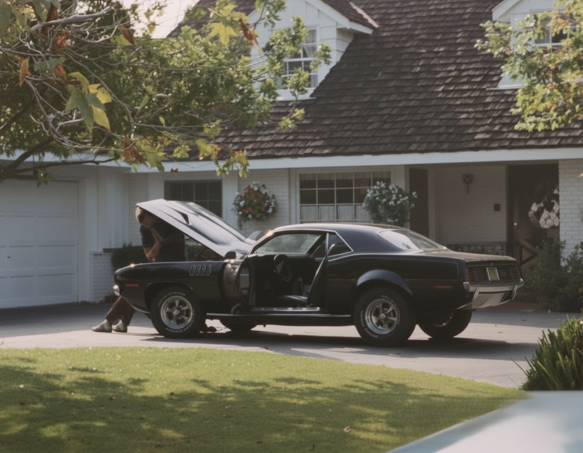 The 1971 Movie Cuda parked in a residential driveway with hood up and door open — a working prop, not a show car
