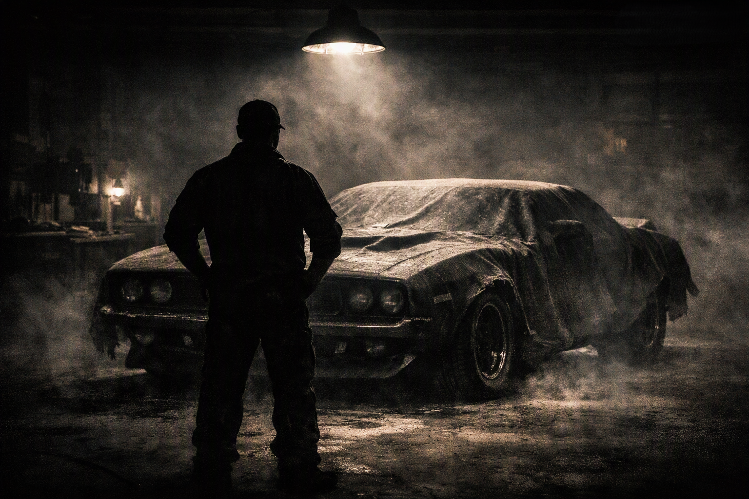 A lone figure stands before a dust-covered vintage Cuda under a single hanging bulb — the weight of the myth made visible