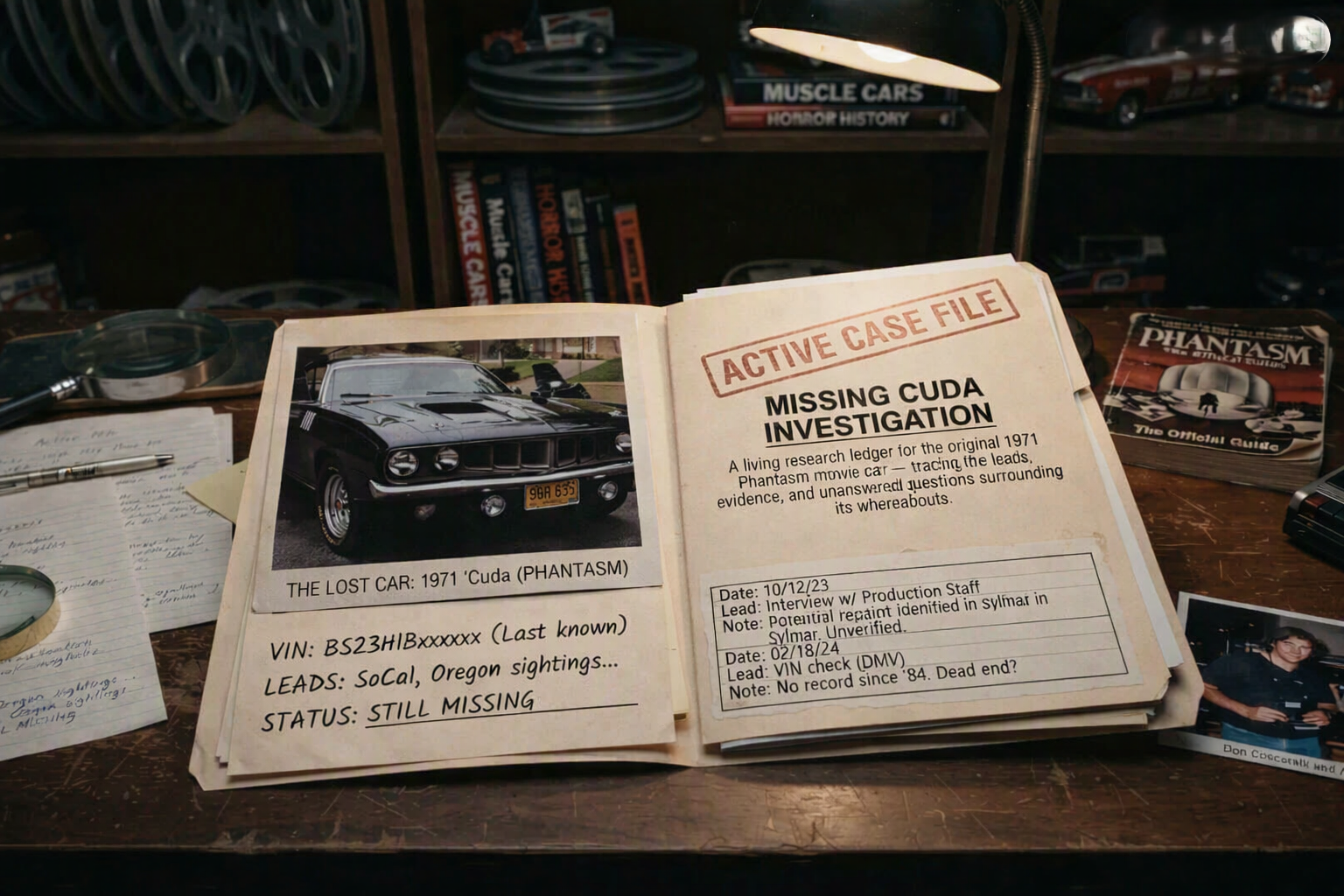 Active Case File — Missing Phantasm Cuda Investigation dossier, open on the evidence table