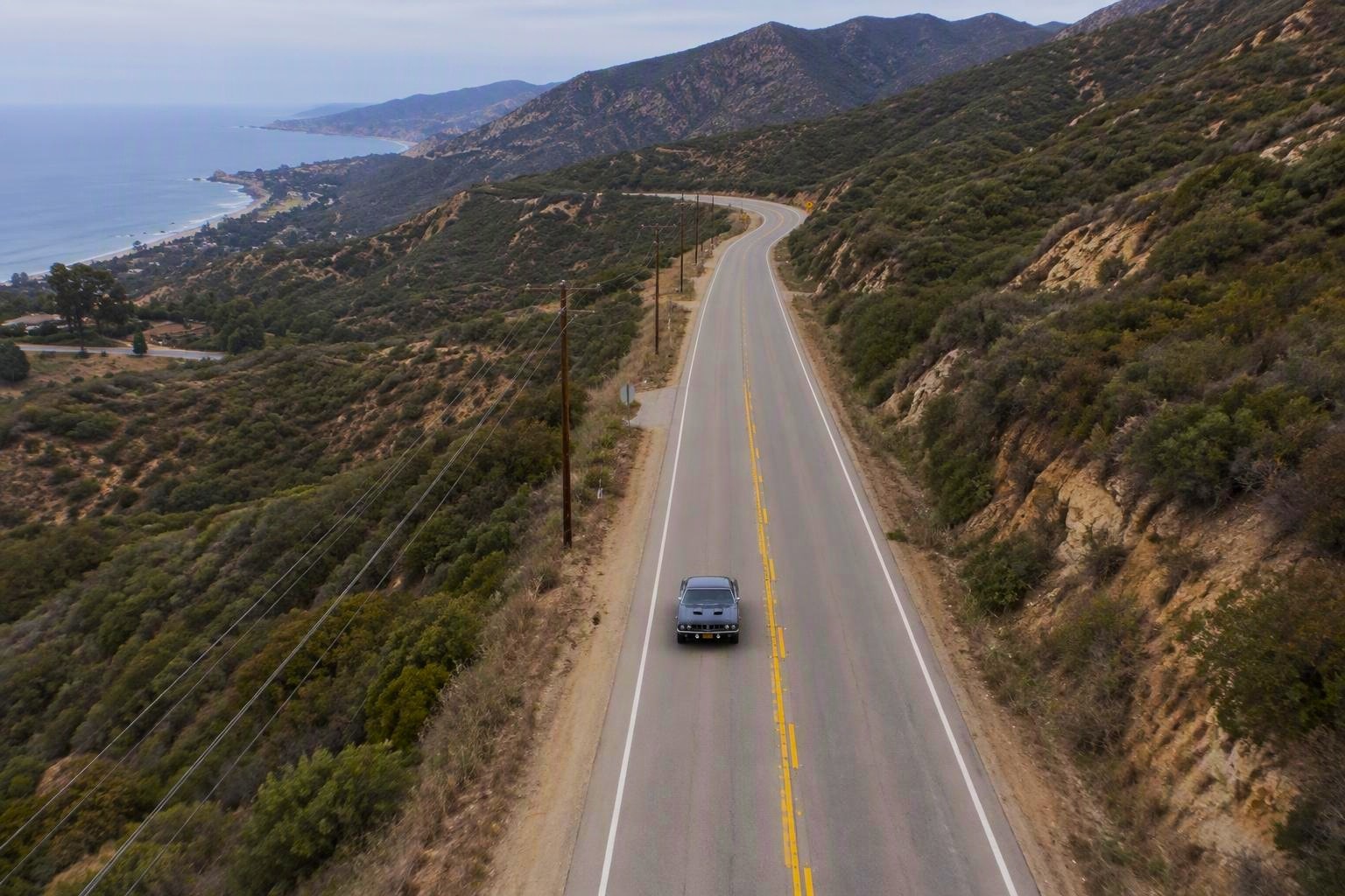 The 1971 Phantasm Movie Cuda on Malibu Canyon Road — aerial view